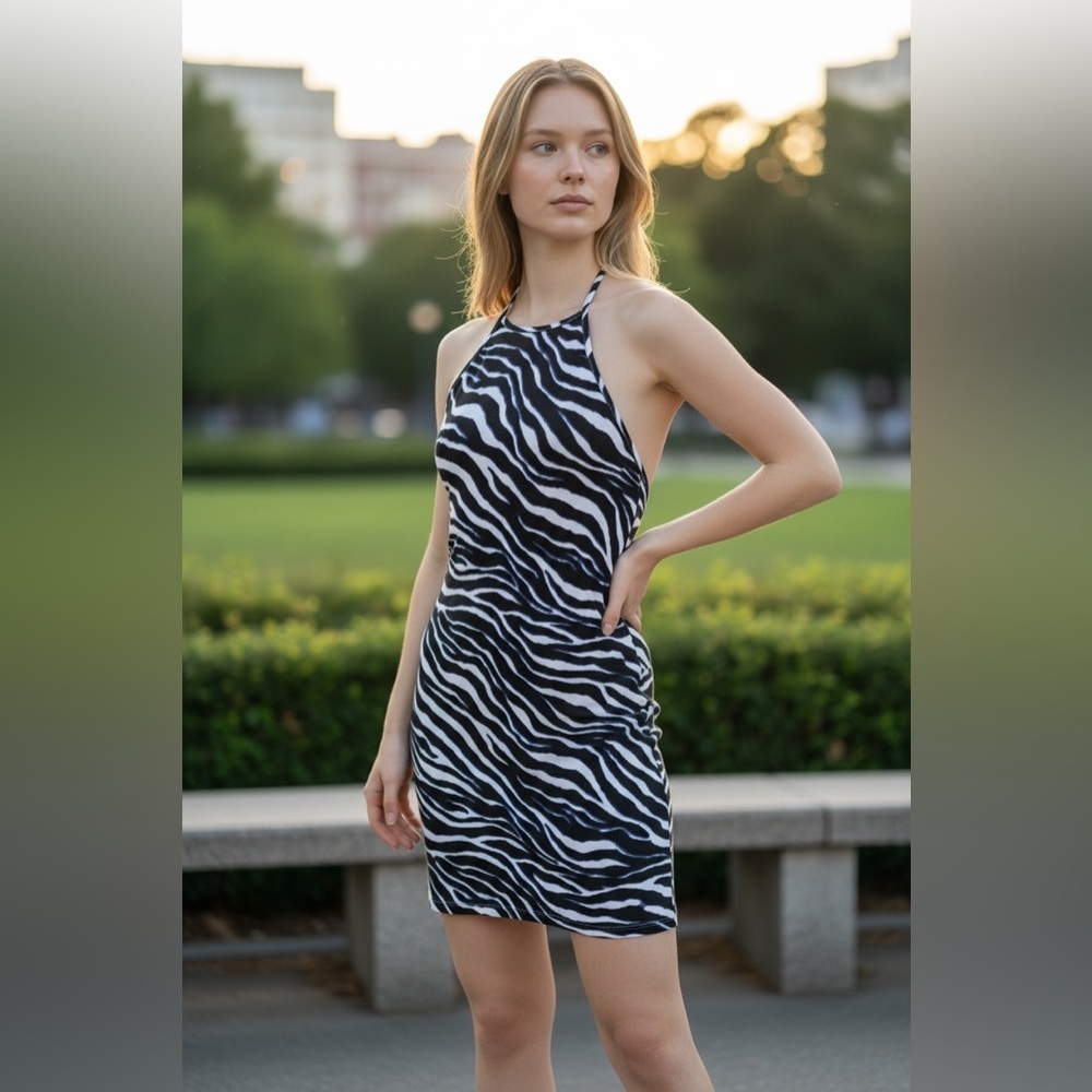 Boston Proper Ladies Blue Tinted Zebra Print Mini Cocktail Dress (Size Small)
